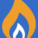 Affordable Heating Services logo, an orange and white flame on blue